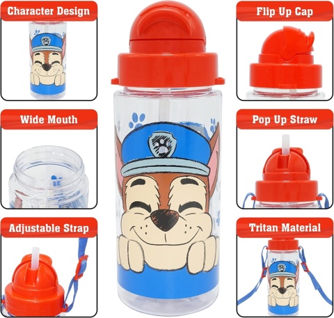 Bidon butelka na wodę ze słomką i paskiem Tritan Psi patrol Chase 500ml