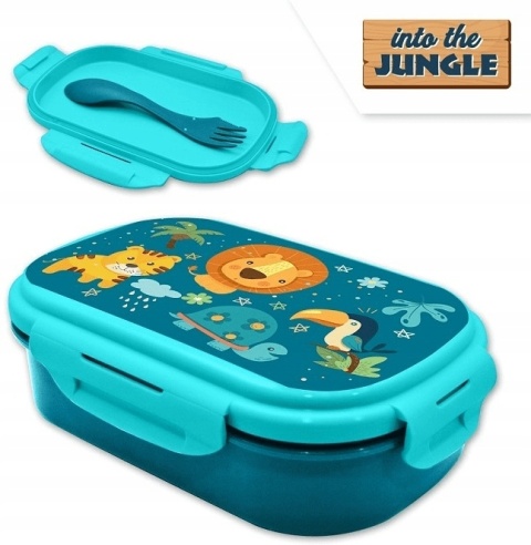ŚNIADANIÓWKA lunchbox dwukomorowa + sztućce widelec DŻUNGLA LEW ŻÓŁW TYGRYS
