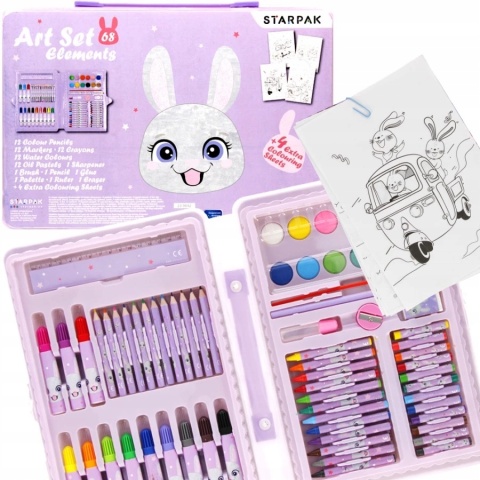 Zestaw artystyczny plastyczny kredki farby flamastry Króliczek 68 el