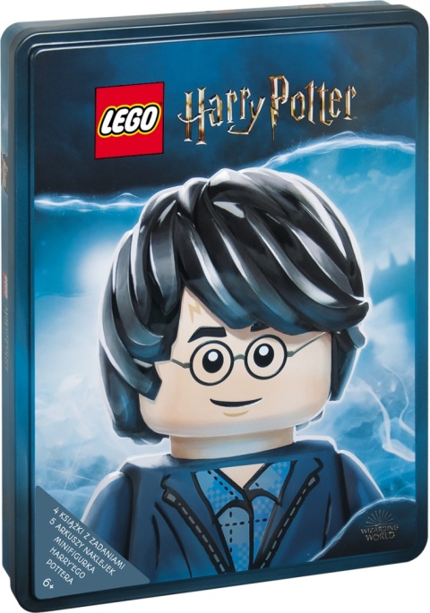 LEGO Harry Potter 4 książki z zadaniami naklejki figurka metalowa puszka