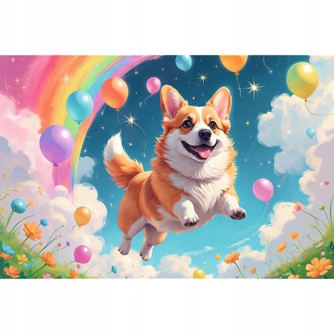 Pies piesec Corgi tęcza baloniki chmurki Trefl Puzzle 160 EL 13326
