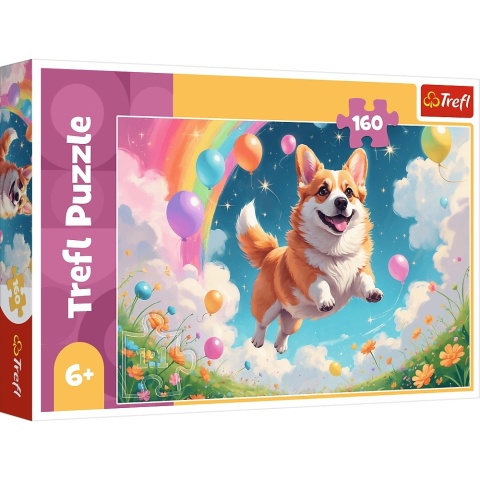 Pies piesec Corgi tęcza baloniki chmurki Trefl Puzzle 160 EL 13326