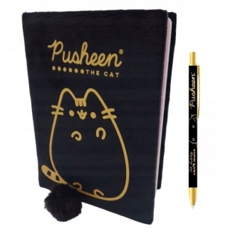 Notatnik pamiętnik pluszowy z futerkiem + długopis czarny Gold kot Pusheen