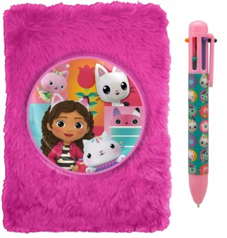 Notatnik pamiętnik puchaty + długopis 6-kolorowy KOCI DOMEK GABI