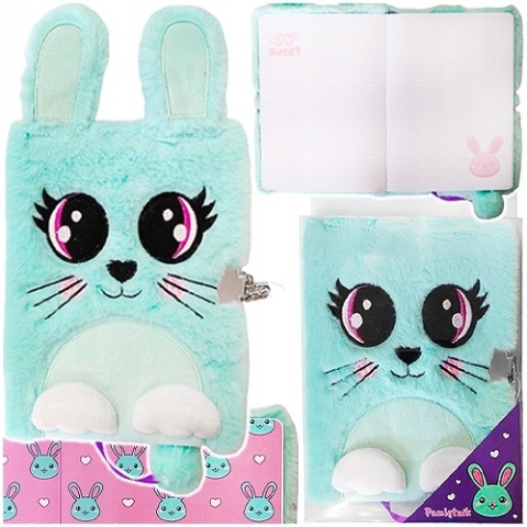 Notatnik pamiętnik sekretny pluszowy kudłacz z kłódką miętowy króliczek A5