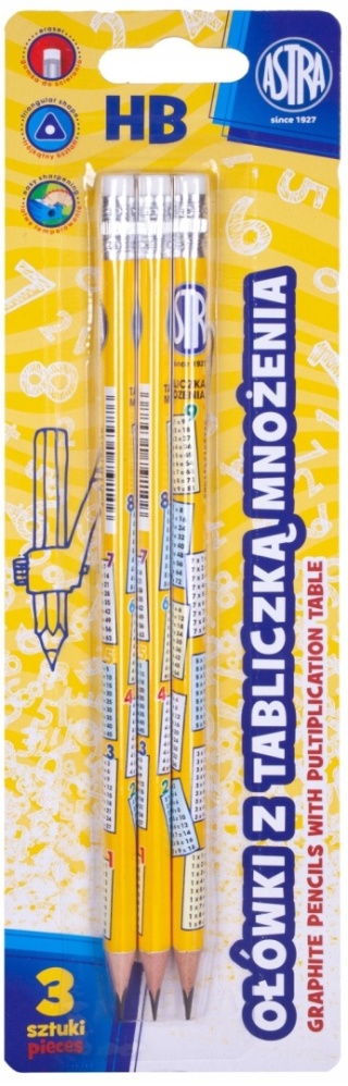 Ołówek HB ołówki z gumką z tabliczką mnożenia ściąga trójkątny Astra 3 szt