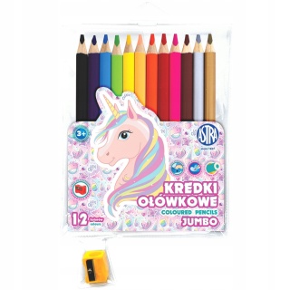 Kredki drewniane grube grafionowe 12 kol temperówka Jednorożec