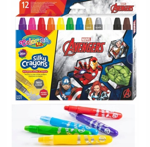 Kredki jedwabiste żelowe wykręcane 3w1 pastele akwarelowe Avengers 12 kol