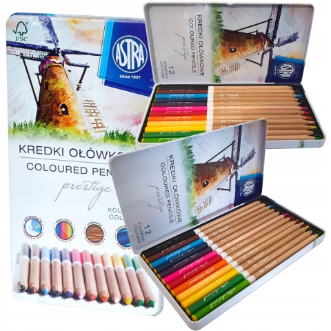 Kredki ołówkowe okrągłe w metalowym pudełku 12 kolorów ASTRA PRESTIGE