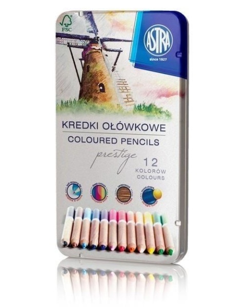 Kredki ołówkowe okrągłe w metalowym pudełku 12 kolorów ASTRA PRESTIGE