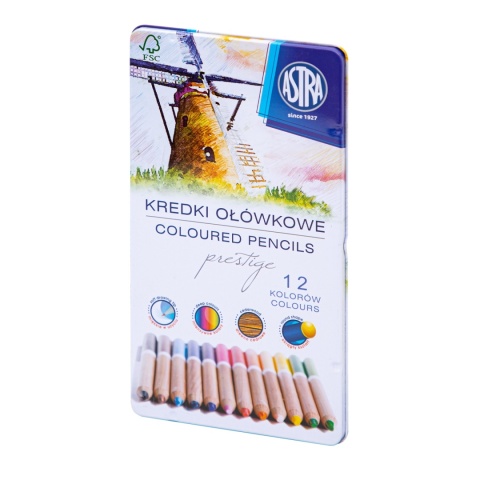 Kredki ołówkowe okrągłe w metalowym pudełku 12 kolorów ASTRA PRESTIGE