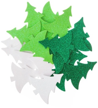 Brokatowe naklejki z pianki w kształcie choinek zielone i białe 30 szt