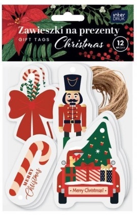 Zawieszki etykiety na prezenty kształty świąteczne Christmas 12 szt