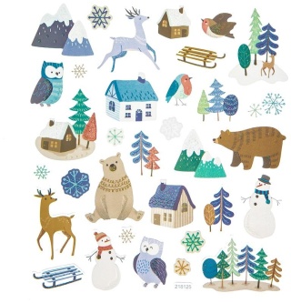 Naklejki z brokatem Zimowy pejzaż, ośnieżone góry, domy sanki niedźwiedzie op. 33szt