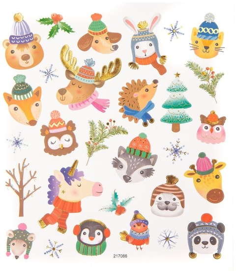 Naklejki świąteczne zwierzaki w czapkach, zima 29 szt.