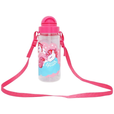 Bidon butelka na wodę ze słomką i paskiem Tritan Jednorożce Unicorn