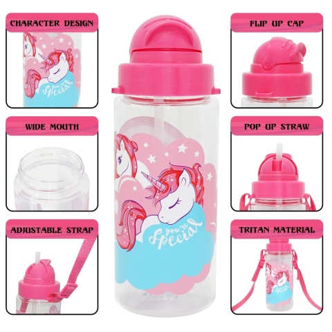 Bidon butelka na wodę ze słomką i paskiem Tritan Jednorożce Unicorn