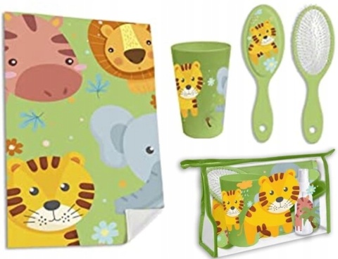 Kosmetyczka dziecięca szczotka do włosów ręcznik kubek Dżungla lew tygrys