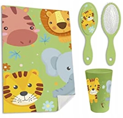 Kosmetyczka dziecięca szczotka do włosów ręcznik kubek Dżungla lew tygrys