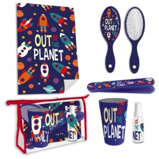 Kosmetyczka dziecięca szczotka do włosów ręcznik kubek Kosmos rakiety