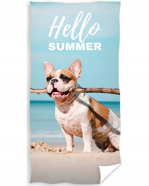 Ręcznik kąpielowy plażowy piesek pies budog francuski na plaży 70x140