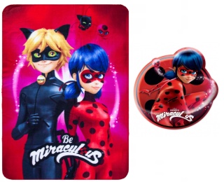 Kocyk koc polarowy 100x140 poduszka kształtka welur Biedronka i Czarny Kot